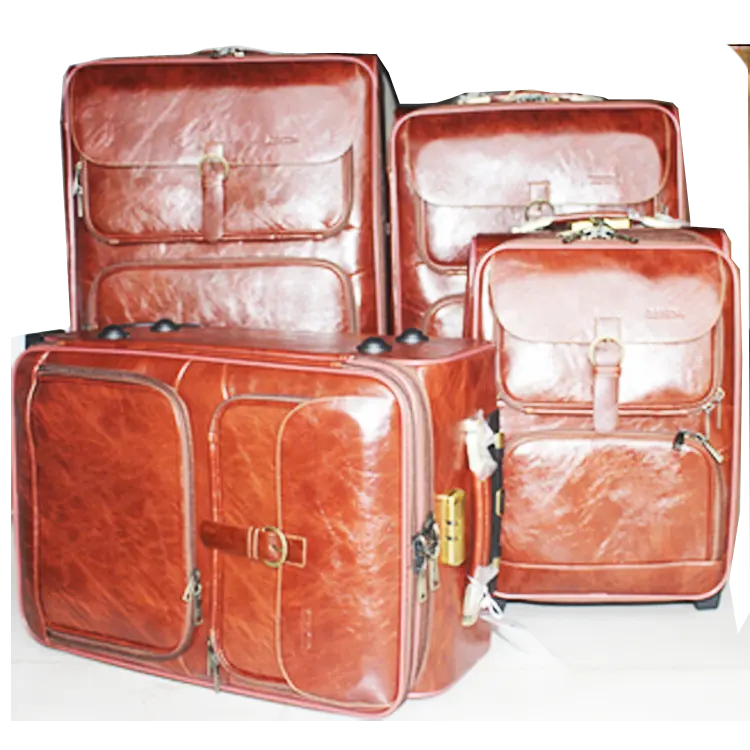 brown PVC 4 piece luggage rolling wheels pu leather 4pcs suitcase set