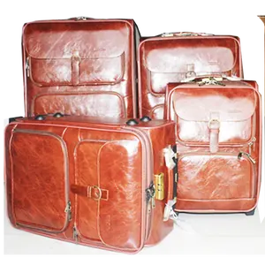 brown PVC 4 piece luggage rolling wheels pu leather 4pcs suitcase set