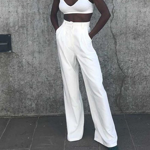 Oem produttore personalizzato di alta qualità Casual a vita alta tasche laterali bianche plissettate <span class=keywords><strong>pantaloni</strong></span> <span class=keywords><strong>larghi</strong></span> <span class=keywords><strong>pantaloni</strong></span> per le donne - Product Image 1