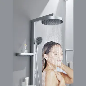 2024 Tiktok Trend multifuncional banheiro cromado LED digital display piano montado na parede conjunto de chuveiro de latão sistema torneira prateleira