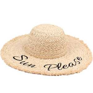 Chapeaux de plage en paille de raphia tissés à la main avec des <span class=keywords><strong>mots</strong></span> brodés Sun Please pour femmes - Product Image 1
