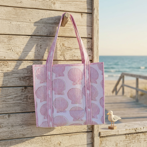 Bolsa de Mano Grande de Verano con Estampado de Bloques, Bolsa de Algodón para Fin de Semana, Bolsa de Compras, Bolsa de Viaje Hecha a Mano para Mujer - Product Image 1