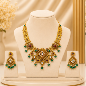 Ensemble de bijoux de mariée traditionnels en or 22 carats avec perles vertes et boucles d'oreilles assorties pour femmes - Product Image 4