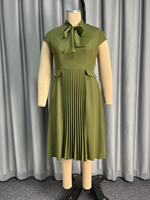 ADR060398 Robe décontractée à col nœud, manches courtes, plissée, grande taille, robes vertes pour femmes