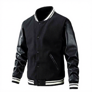 Men's Navy Varsity Jacket Turn-down Collar Button Closure White Sleeve Preppy Style Autumn Wear Regular Fit - Product Image 5