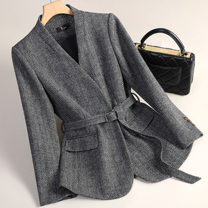 Women's Wool Blazer Coffee Color Belted Slim Fit Autumn Winter 2024 Anti-Wrinkle Pocket Design - Product Image 2