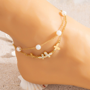 Stainless Steel <b>Anklet</b> With Pearl Double Butterfly Pendant 18K <b>Gold</b> Plated Women's Foot Ornament - Product Image 3