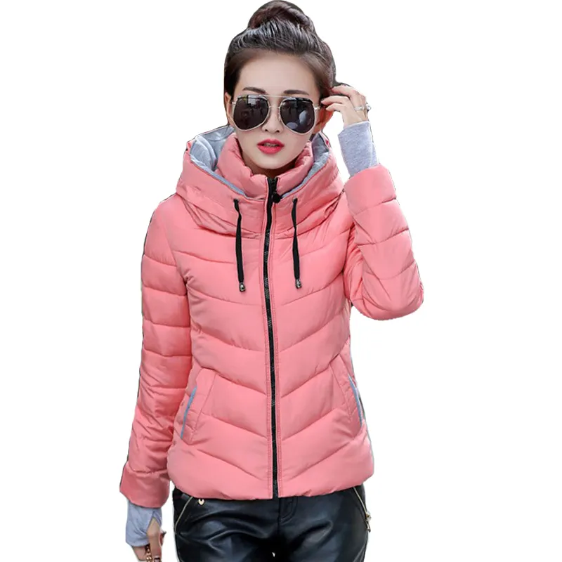hooded women winter jacket short cotton padded womens coat autumn solid color parka stand collar