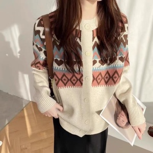 Vintage Jacquard Crewneck Sweater Women's Cardigan Spring and Autumn New Loose Ethnic Style Sweater Coat Women's <strong>Top</strong> - Product Image 3