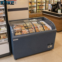 Congélateur commercial à îlot profond en verre incurvé, vitrine horizontale pour produits surgelés, refroidissement direct, coffre autonome avec étagères réglables