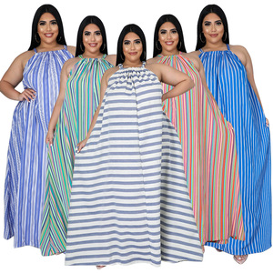 Abito a Righe N7274 <span class=keywords><strong>Taglie</strong></span> <span class=keywords><strong>Forti</strong></span>, <span class=keywords><strong>Abbigliamento</strong></span> Donna Vestibilità Ampia Stile Europeo e Americano Casual Extra Large - Product Image 1