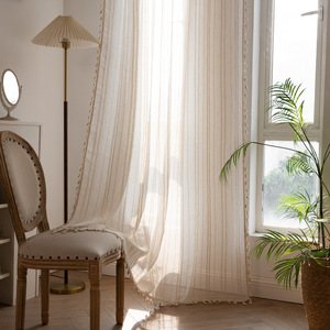 Rideaux Boho Beige DaiRui avec Pompons, Lin de Style Ferme, Filtrant la Lumière, Rayures Neutres, Poche à <span class=keywords><strong>Tringle</strong></span> pour Chambre à Coucher - Product Image 1