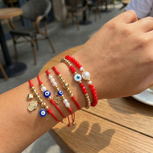 مجموعة أساور Go2boho الأنيقة المرصعة بالخرز مع كريستال أحمر ولؤلؤ وسلسلة مطلية بالذهب، إكسسوارات مجوهرات تركية للحظ السعيد قابلة للتكديس - Product Image 1