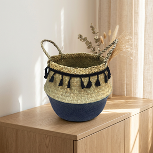 Haprosimex Saigon's Stylish Eco-Friendly Foldable Plant Fiber Belly <b>Basket</b> Pom Pom for Home Kitchen Storage Plant Organization - Product Image 1