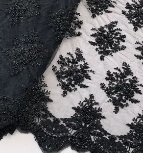 Siyah işlemeli boncuklu dantel kumaş/en kaliteli el nakışı tasarımları ağır boncuklu dantel kumaş