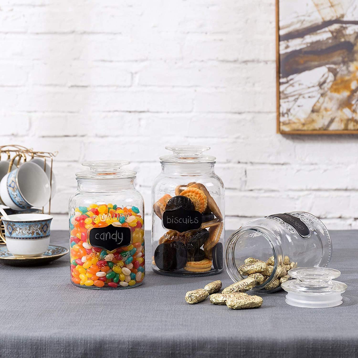 Glass Canister Set for Kitchen or Bathroom Apothecary Glass Food Storage Jars with Airtight Lid and Chalkboard Labels