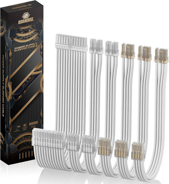 ASIAHORSE White PC Case ATX PSU Sleeved Extension Cable Kit with Comb 30cm Length up to 1200W Compatibility 16 Outlets 10A