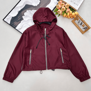 Chaqueta cortavientos con capucha para mujer, cintura con cordón, bolsillos con cremallera, ropa exterior informal - Product Image 1