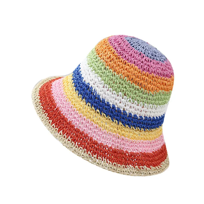 قبعات الصيف للشاطئ للوقاية من أشعة الشمس للسيدات, قش نسائي خفيف منسوج يدوي الصنع بألوان قوس قزح