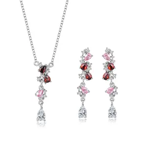 时尚简约红宝石套装925纯银梨形立方氧化锆锆石项链耳环女性饰品套装