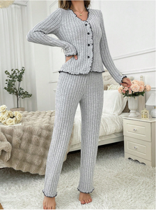 SWD pantaloni lunghi donna manica lunga Homewear Set in viscosa a costine pigiama due pezzi Set <span class=keywords><strong>camicie</strong></span> <span class=keywords><strong>da</strong></span> <span class=keywords><strong>notte</strong></span> <span class=keywords><strong>da</strong></span> donna - Product Image 2