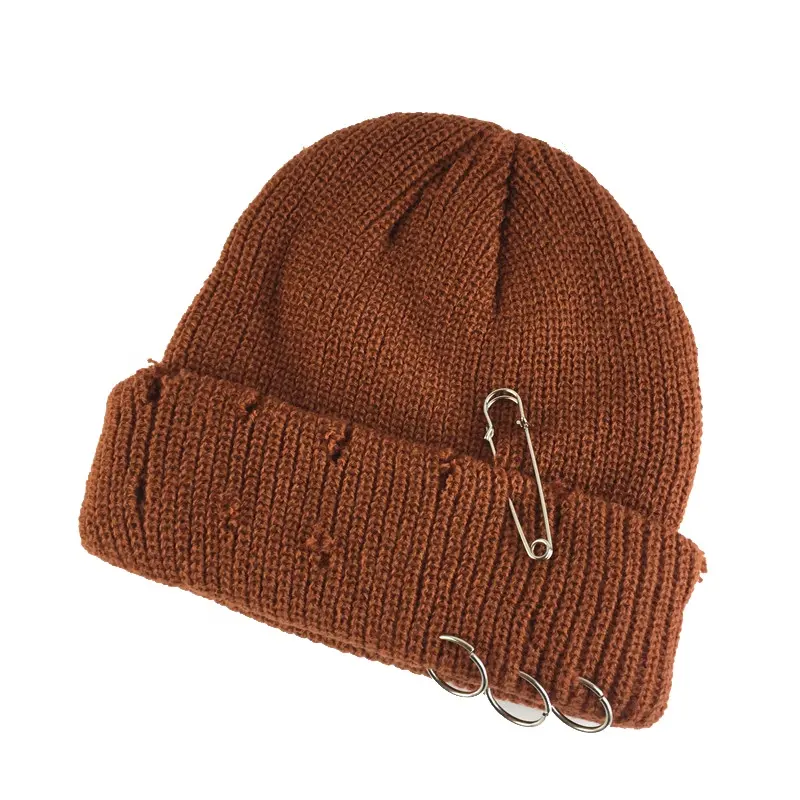 Stokta popüler sıcak satış düz renkli unisex akrilik spor hip hop kış şapka kap pin yüzük ile sıkıntılı balıkçı kasketleri