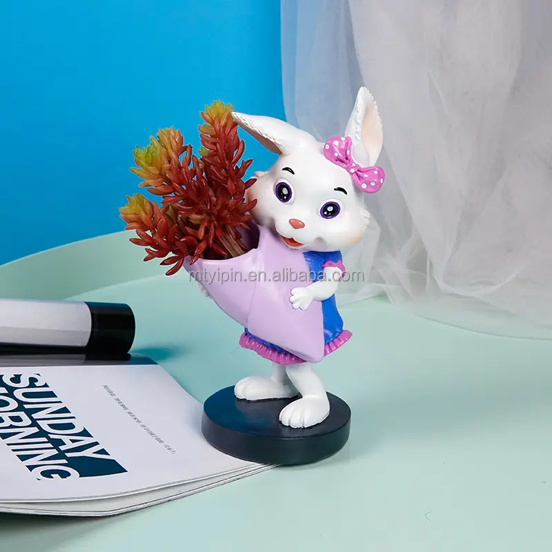 Resin Easter Rabbit Pair Garden Decor Home Desk Organizer Flower Holder