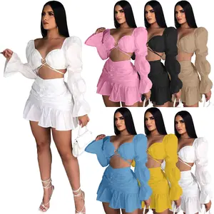 Dropshipping 2021 vente en gros pas cher automne vêtements pour femmes jupe plissée deux pièces costume lanterne manches jupe deux pièces ensemble
