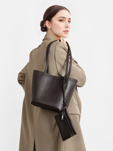 Sac fourre-tout simple en cuir véritable avec grande capacité, sac à bandoulière pour femme, sac seau de style niche - Product Image 2