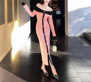 Vestito <span class=keywords><strong>monospalla</strong></span> <span class=keywords><strong>con</strong></span> Design americano Color block per donna <span class=keywords><strong>abito</strong></span> <span class=keywords><strong>lungo</strong></span> in maglia sottile <span class=keywords><strong>con</strong></span> <span class=keywords><strong>spacco</strong></span> nuovo stile autunnale per l'inverno - Product Image 4