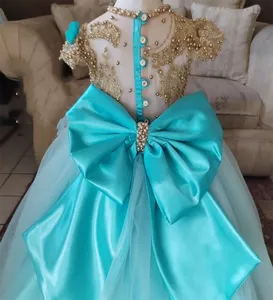 Vestido de niña de flores de perla azul claro arco trenes largos esponjosos para apliques de boda con vestidos de fiesta de cumpleaños Eucarísticos - Product Image 4