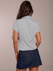 Camicetta da <span class=keywords><strong>donna</strong></span> a righe con arricciatura frontale, blu e bianca, con colletto a risvolto, maniche corte, vestibilità <span class=keywords><strong>slim</strong></span>, casual - Product Image 2