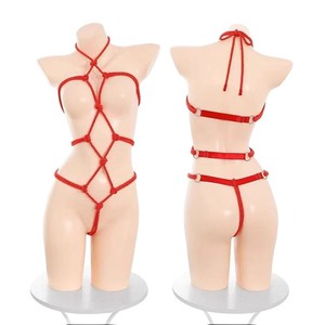 Body sexy para mujer, entrepierna abierta, lencería erótica transparente de manga larga, conjunto de malla rojo con cuerda para bondage SM. - Product Image 5