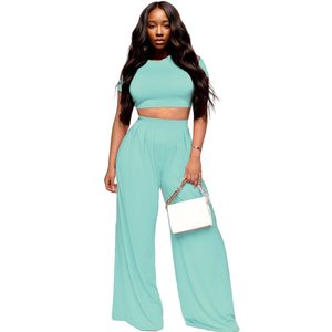 ชุดเซ็ตขายาวผ้าสเตรชระบายอากาศสีพื้นสำหรับผู้หญิงสไตล์ลำลองแฟชั่นฤดูร้อนแบบไม่มีเอว - Product Image 1