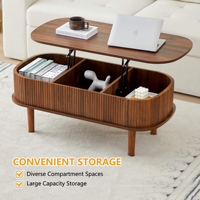 Table basse ovale extensible moderne AJUNION en bois massif avec 3 compartiments de rangement pour salon - Vente en gros