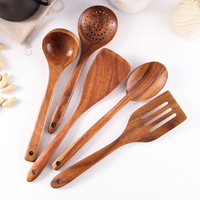 Penjualan paling laris kayu jati alami 5 buah Set peralatan memasak kayu dapur dengan Spatula