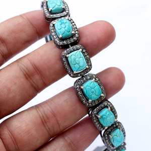 Pulsera de turquesa azul natural Pulseras de oro con diamantes 14K Oro Turquesa Diamante Compromiso Pulseras nupciales de oro - Product Image 1