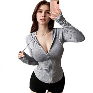 <b>Women's</b> Gray Full Sleeve <b>Zip</b>-<b>Up</b> Hooded Cotton Sweatshirt Breathable Anti-Wrinkle Knitted Fitted Workout <b>Top</b> Autumn Printed - Product Image 2