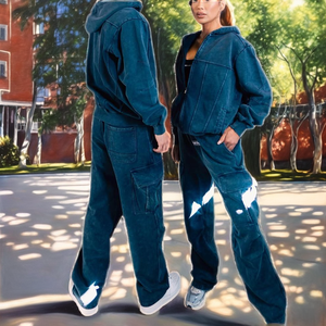 Novedad de invierno para mujer, chándal de algodón de rizo índigo 100%, transpirable, ligero, informal, ropa de calle, estampado de logotipo, lavado con ácido - Product Image 2