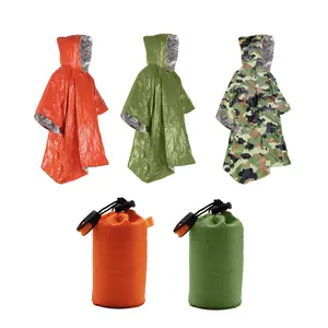 Jas hujan bertahan hidup luar ruangan, jas hujan ponco oranye isolasi termal tahan angin pertolongan pertama