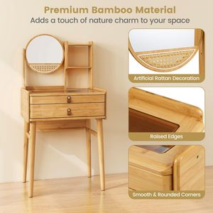 Table de maquillage en bambou avec miroir rotatif, 2 tiroirs, <span class=keywords><strong>étagère</strong></span>s ouvertes et plateau en verre trempé – Vente en gros - Product Image 5