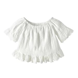Europe America Spring Summer Children Clothing <b>White</b> <b>Lace</b> Short Sleeve Hole Beaded Denim Trousers Set - Product Image 4