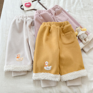 Girls Winter Fleece <b>Lined</b> <b>Pants</b> Solid Color Cotton With Duck Patch For Baby Casual Wear - Product Image 1