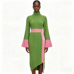 Abito <span class=keywords><strong>in</strong></span> <span class=keywords><strong>maglia</strong></span> da donna invernale a collo alto con maniche a campana, color block, orlo asimmetrico e ricamo a lettere, <span class=keywords><strong>vestito</strong></span> aderente <span class=keywords><strong>in</strong></span> <span class=keywords><strong>maglia</strong></span> - Product Image 1