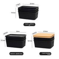 Organisateur de bureau minimaliste moderne en plastique imitation rotin avec couvercle en bambou, boîte de rangement pour le bureau, lot de trois