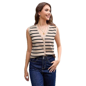 Débardeurs pour femmes LHY Vintage, tout-aller, écologiques, en polyester + coton, coupe ajustée, col en V, élégants, respirants, tricotés, unis à l'avant - Product Image 1