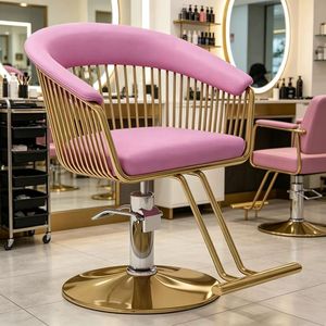 Silla de Peluquería de Cuero Sintético Rosa con Diseño Acolchado, Base Redonda Dorada, Silla de Barbería para Mujer, Gran Venta - Product Image 1