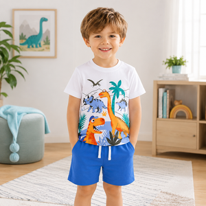 Ensemble 2 pièces d'<span class=keywords><strong>été</strong></span> personnalisé pour garçons, T-shirt et short 100% coton, imprimé dinosaure de dessin animé, tenue décontractée, OEM, faible MOQ, boutique - Product Image 3