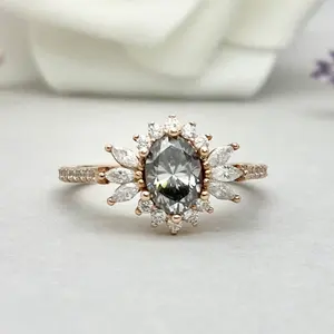 925 Silver Rose Gold Oval Grey Moissanite Marquise Engagement Ring Art Deco 1.00Ct Dark Gray Moissanite Wedding Ring