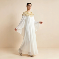 Élégante Cape Abaya Dorée à Paillettes et Perles en Polyester, Kaftan Long Ample en Mousseline Anti-Plis pour Mariage et Soirée d'Automne